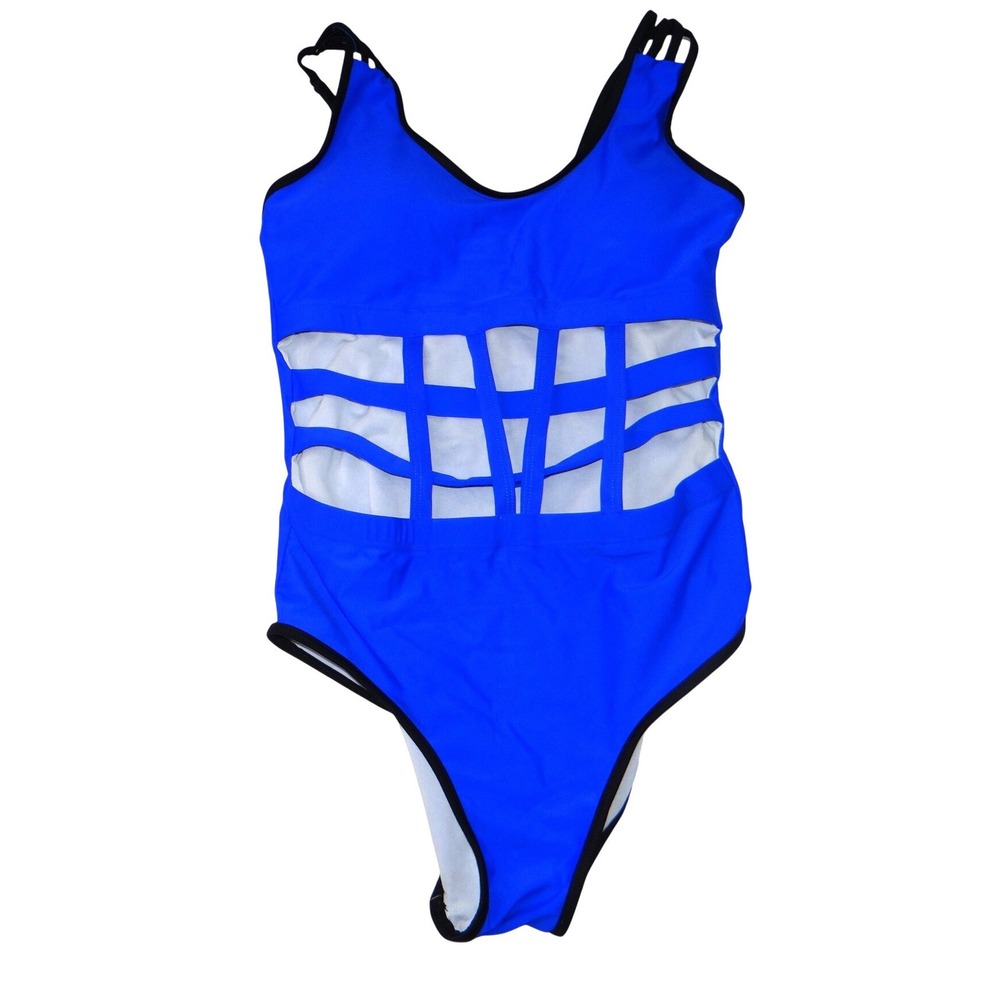 Blue Cage Cutout One Piece Swimsuit Strappy Monokini Black Trim Large